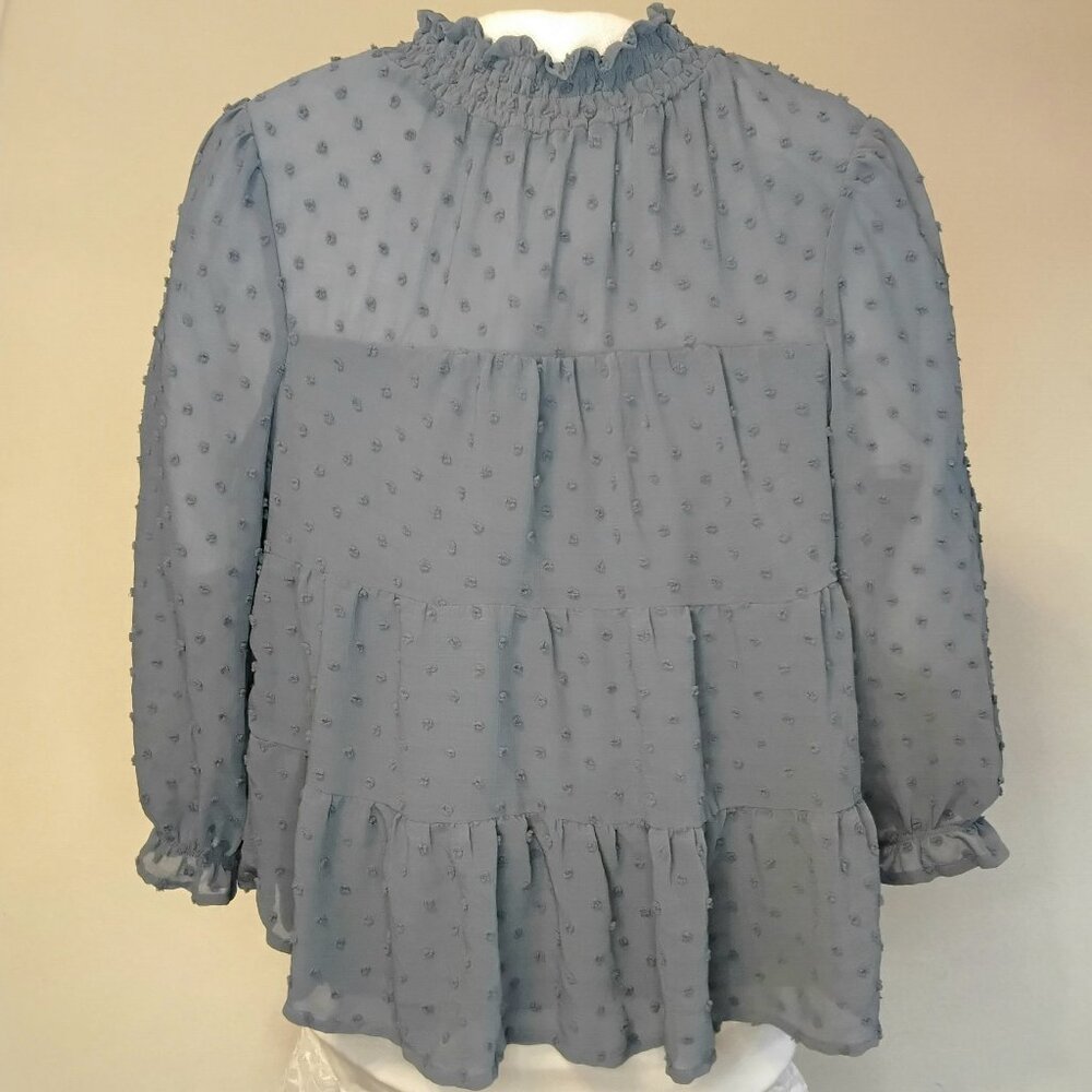 Monteau LA Upscale Boho Womens Lg Top Denim Blue Chiffon Swiss Dot Bell Sleeves